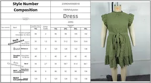 Size chart detail for sleeveless pleated elegant dress with fabric specs and measurements
