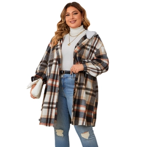Women's plus size plaid mid-length hooded jacket in brown and grey vintage check pattern