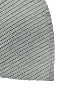 Detail shot of light gray rib-knit fabric with premium stitching on a square neck dress