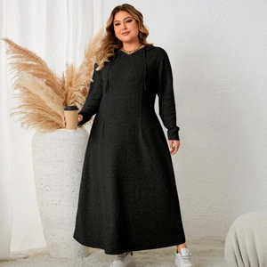 Plus size women's long sleeve hooded maxi dress in black with a drawstring waist
