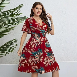 Red tropical leaf print summer dress with a deep V-neck and elastic waist design
