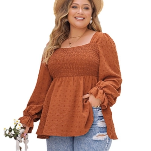 Terracotta square neck smocked top with swiss dot fabric and elastic ruffle sleeves