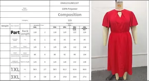 Tabella taglie 1XL-4XL per abito lungo rosso in poliestere taglie forti elegante
