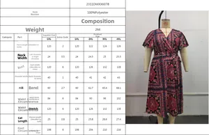 Detailed size chart for vintage floral V-neck plus size dress from 1XL to 4XL