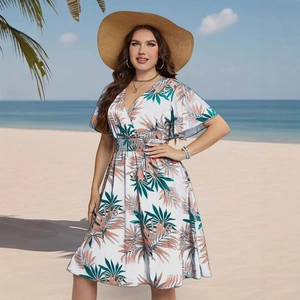 Women's summer V-neck dress with tropical palm leaf print and smocked waist design