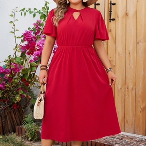 Abito Rosso Solido Taglie Forti Donna Scollo a V Traforato Manica Corta a Volant Abito Midi Linea A per Vacanza Casual Bohemienne