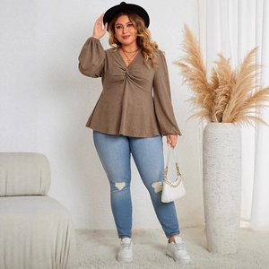 Women's plus size V-neck long sleeve top in coffee brown with knot twist front detail
