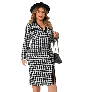 Elegant houndstooth long sleeve V-neck bodycon dress with decorative buttons and slit