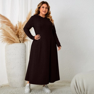 Detail of loose-fitting plus size hooded A-line dress in premium dark knit fabric
