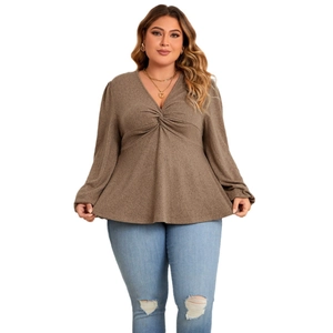 Women's plus size long sleeve V-neck peplum top with twist-knot front in solid camel brown
