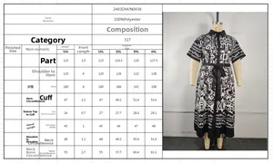 Size chart and fabric details for women plus size abstract print shirt dress in polyester