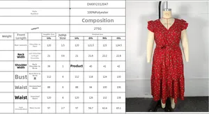 Size guide for red floral plus size dress showing detailed measurements and polyester fabric