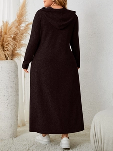 Back view of a plus-size long-sleeved hooded maxi dress in a dark brown knitted fabric