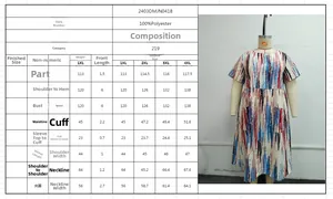 Tableau des tailles détaillé pour robe rayée femme avec mesures et composition