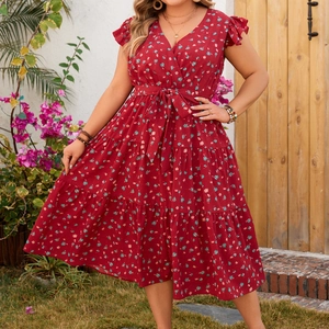 Elegant red floral plus size dress with V-neck and flutter sleeves for summer
