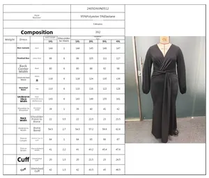 Size chart for V-neck long sleeve evening gown made of 95% polyester and 5% elastane