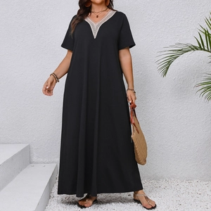 Plus Size V Neck Black Maxi Dress With White Lace Trim Short Sleeve Loose Casual Bohemian Summer Long Dress For Women