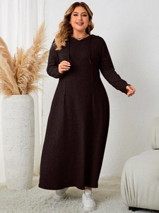 Detail of plus size long-sleeved hooded dress in brown fabric with drawstring and A-line cut