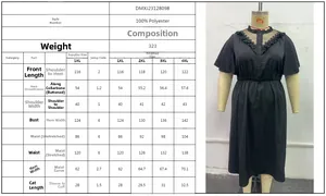 Size chart for black lace V-neck plus size dress with detailed garment measurements