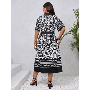 Back view of summer floral shirt dress with V-neck, waist belt and geometric patterns