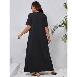 Elegant black plus size V-neck maxi dress in a breathable cotton blend for casual summer wear