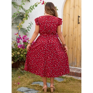 Elegant red floral print midi dress for women featuring ruffled sleeves and a waist tie