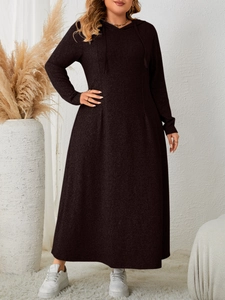 Close-up of a plus-size dark brown hooded maxi dress with drawstring and soft knit texture