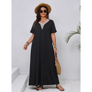 Women's plus size black V-neck maxi dress with white lace trim and short sleeves