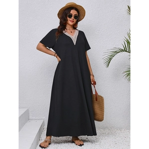 Women's black V-neck maxi dress with white lace trim for summer beach vacation