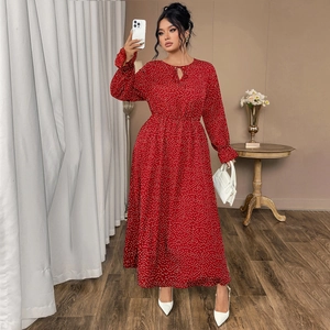 Red polka dot long sleeve maxi dress with drawstring neckline and high waist cut