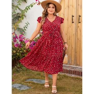Summer red floral maxi dress with V-neck, ruffle sleeves and tiered skirt for women
