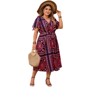 Bohemian V-neck printed midi dress in deep blue with floral mandala patterns and waist tie