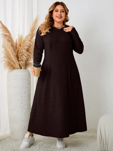 Detail view of coffee brown hooded maxi dress with drawstring and soft knitted fabric