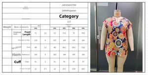 Detailed size chart for women's V-neck printed shirt with specific measurements from 1XL to 4XL