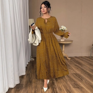 Elegant plus size mustard brown polka dot long sleeve dress with waist tie and loose fit