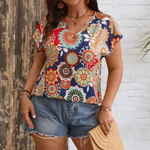 Women Plus Size Bohemian Mandala Floral Print V Neck Short Sleeve Blouse Casual Loose Summer Vacation Pullover Shirt Top