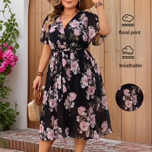 Robe Grandes Tailles Femme Imprimé Floral Col en V Manches Courtes à Volants Vacances Été Bohème Robe Portefeuille