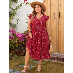 Detail of red floral plus size dress with V-neckline and flutter sleeves for summer