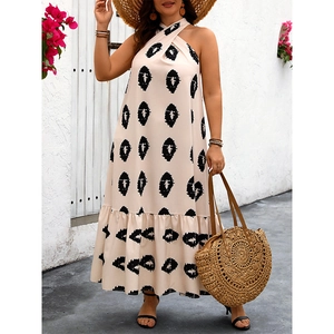 Abito lungo boho con scollo all'americana, motivi geometrici e orlo con volant estate