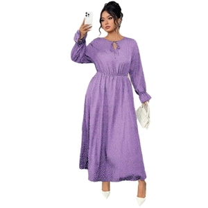 Elegant purple long sleeve polka dot maxi dress with tie neckline for plus size women