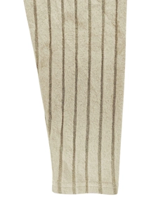 Detail of light beige knitted fabric featuring fine brown stripes and ribbed texture