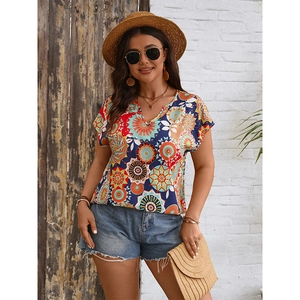 Women's V-neck summer blouse featuring bohemian floral print and short sleeves