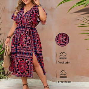 Women Plus Size Bohemian Mandala Floral Print Maxi Dress V Neck Flutter Sleeve Tie Waist High Slit Summer Vacation Dress