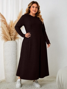 Detail of dark plus-size hooded maxi dress featuring long sleeves and A-line silhouette