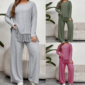 Women Plus Size Loungewear Ribbed Knit Asymmetric Tassel Hem Long Sleeve Top And Wide Leg Pants Casual Clothing Outfits