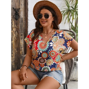 Women's V-neck printed vacation blouse featuring colorful bohemian mandala patterns