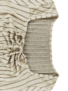 Close-up of beige striped knit dress with square neck and side drawstring detail