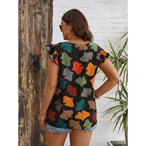 Women's V-neck black floral blouse with ginkgo leaf print and ruffle lotus sleeves