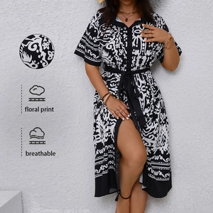 Women Plus Size Black White Floral Print Shirt Dress V Neck Short Sleeve Casual Midi Dress With Belt