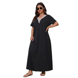 Elegant black V-neck maxi dress with white lace trim for women, loose casual summer style
